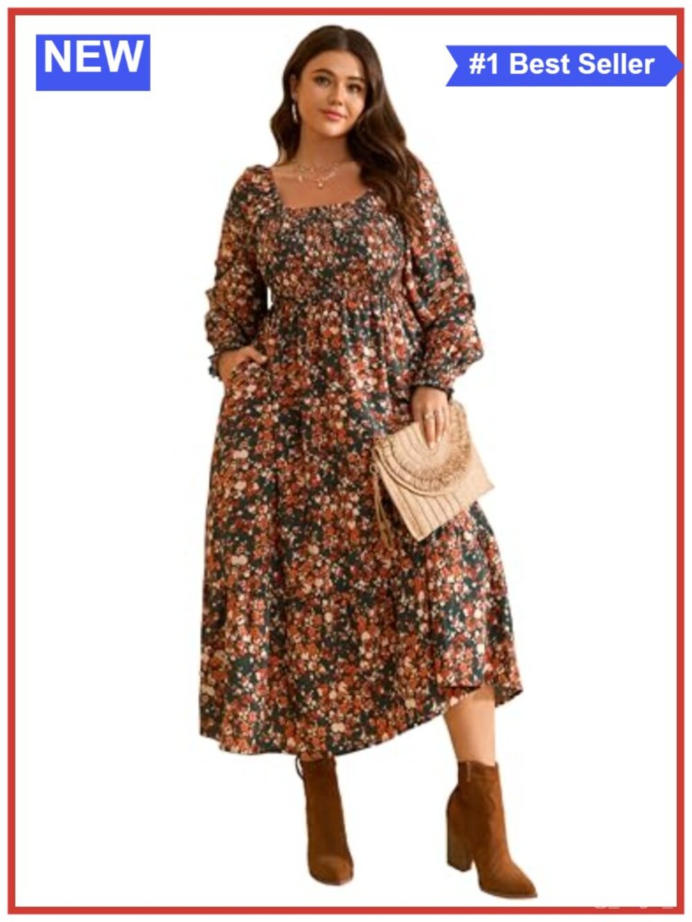 Plus Size Smocked Floral Maxi Dress Long Sleeve Boho A-Line High Waist